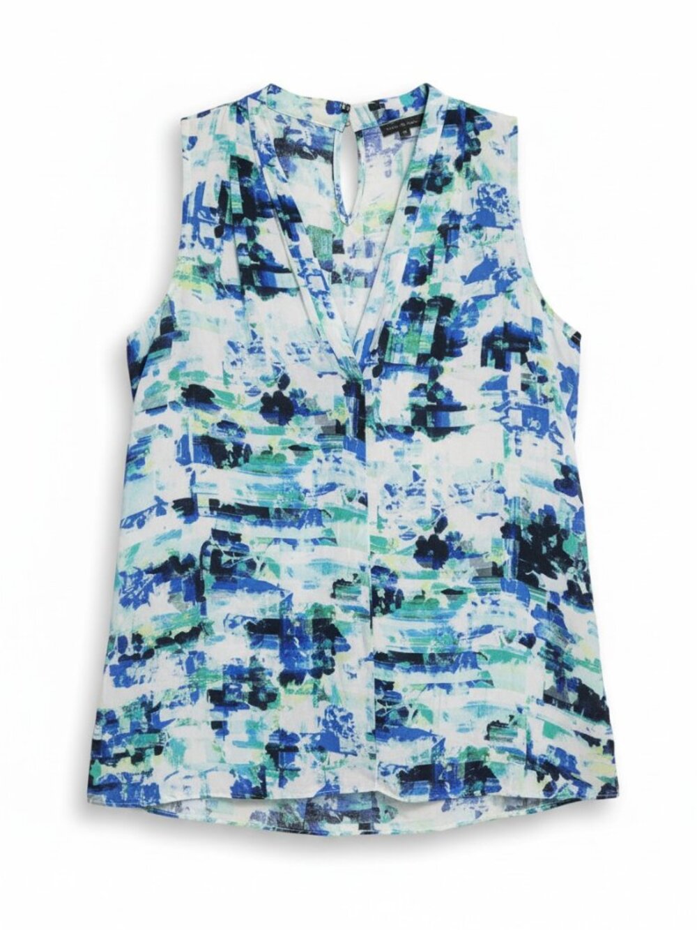 Vince Camuto Sleeveless Abstract Print Blouse Blue Green White V-Neck Petite Med
